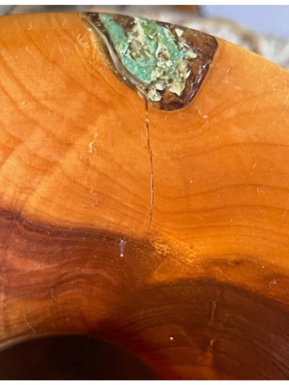Dick Hager Wood  Vessel Red Cedar w/ ground Turquoise Inlay & Resin 6.5" D READ - Picture 15 of 16